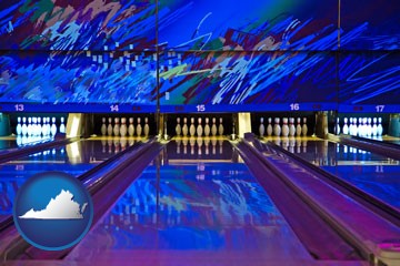 a bowling alley with an abstract wall mural - with Virginia icon