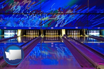 a bowling alley with an abstract wall mural - with Washington icon