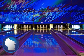 a bowling alley with an abstract wall mural - with Wisconsin icon