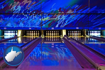 a bowling alley with an abstract wall mural - with West Virginia icon