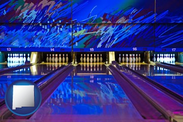 a bowling alley with an abstract wall mural - with New Mexico icon