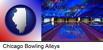 a bowling alley with an abstract wall mural in Chicago, IL