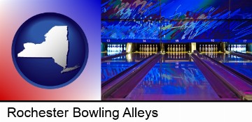 a bowling alley with an abstract wall mural in Rochester, NY