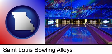 a bowling alley with an abstract wall mural in Saint Louis, MO